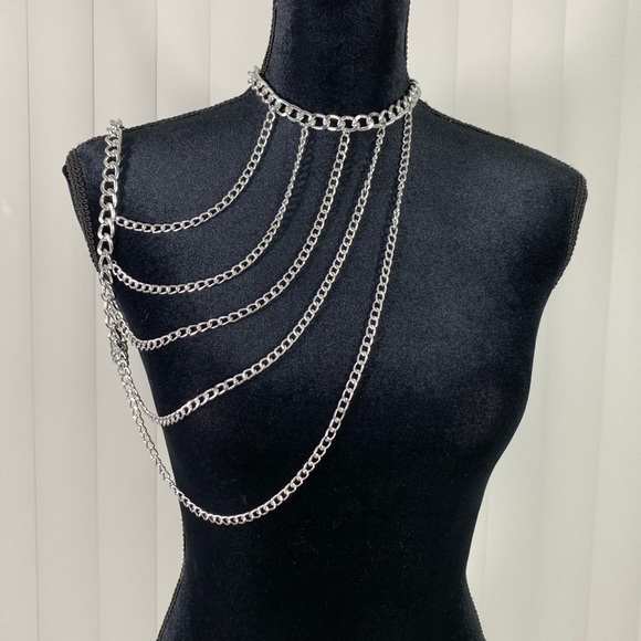 Silver Chain Harness One Arm Chain Necklace Vest Neck Harness - Picture 3 of 10